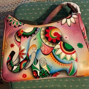 Anuschka hand painted elephant new crossbody medium pink burgundy background